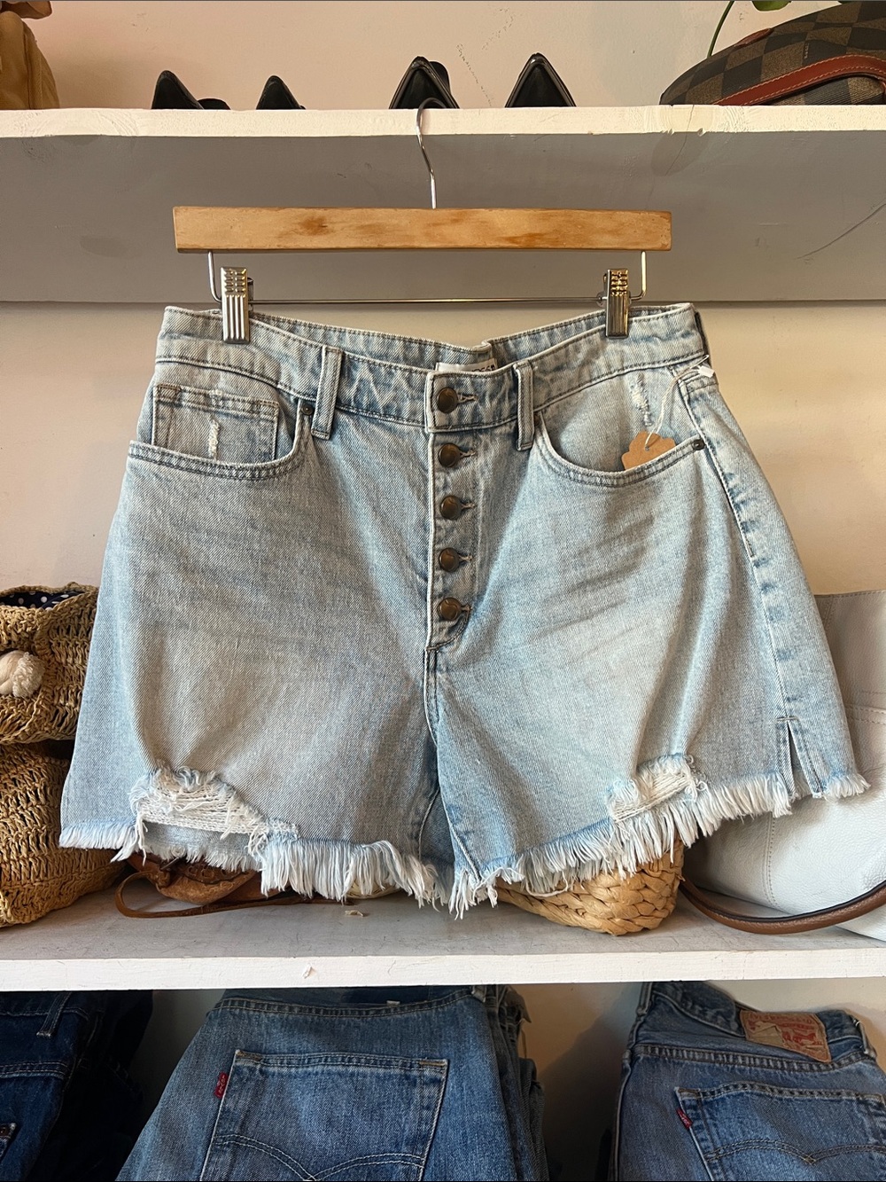 Joe’s Light Wash Distressed Button-Front Denim Shorts